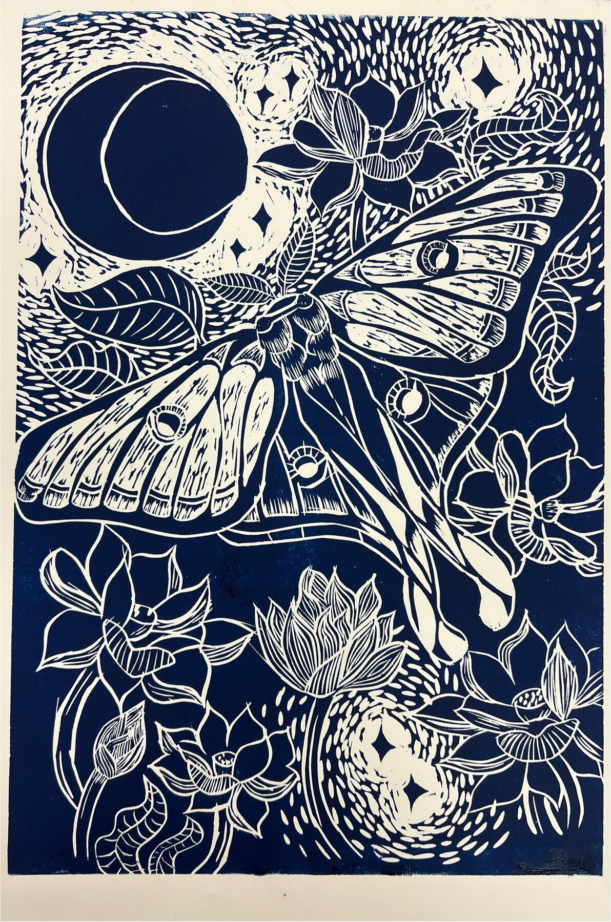 Moonlit Messenger Linoleum Block Print