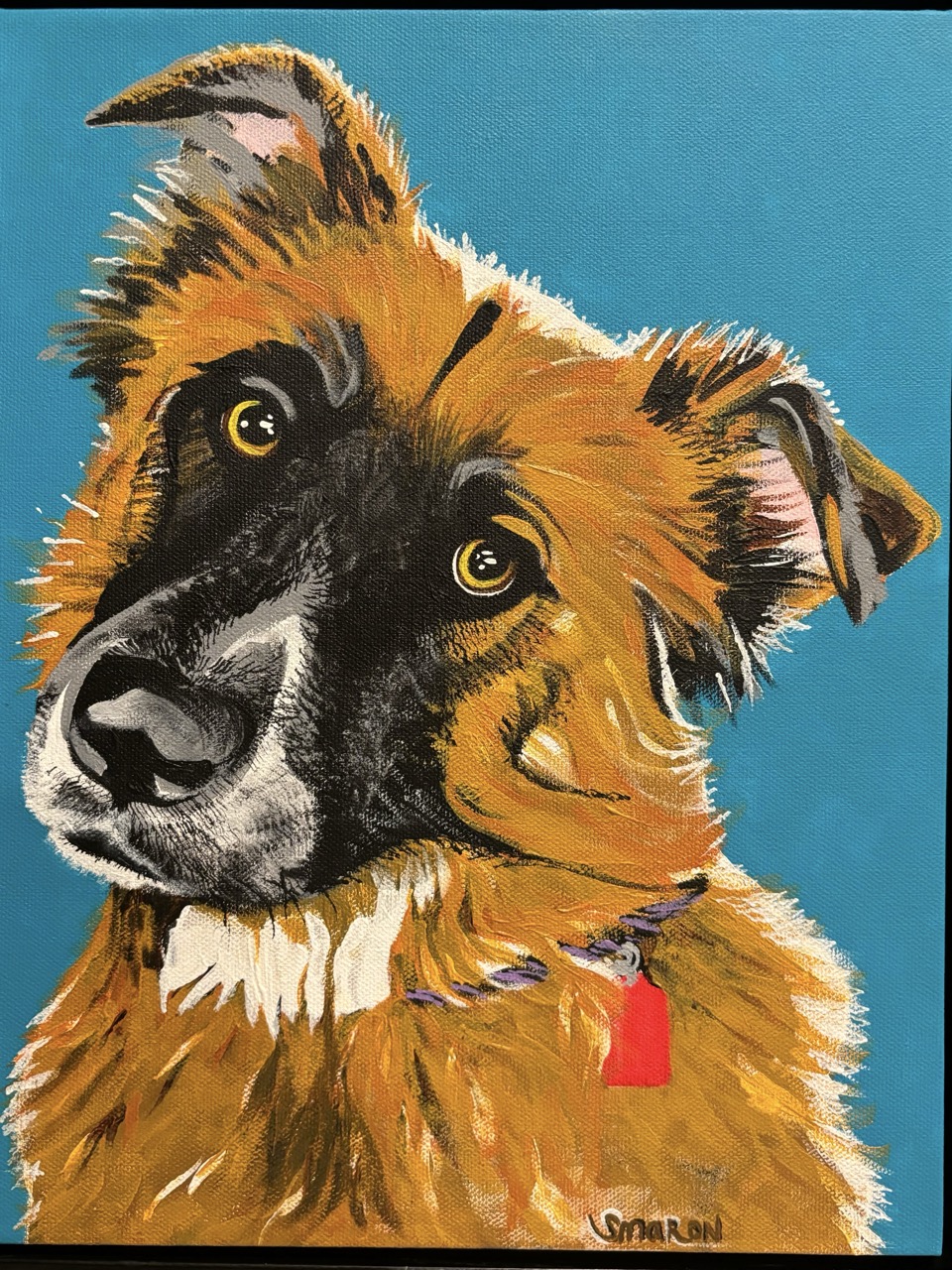 Painting of a dog’s head tilt