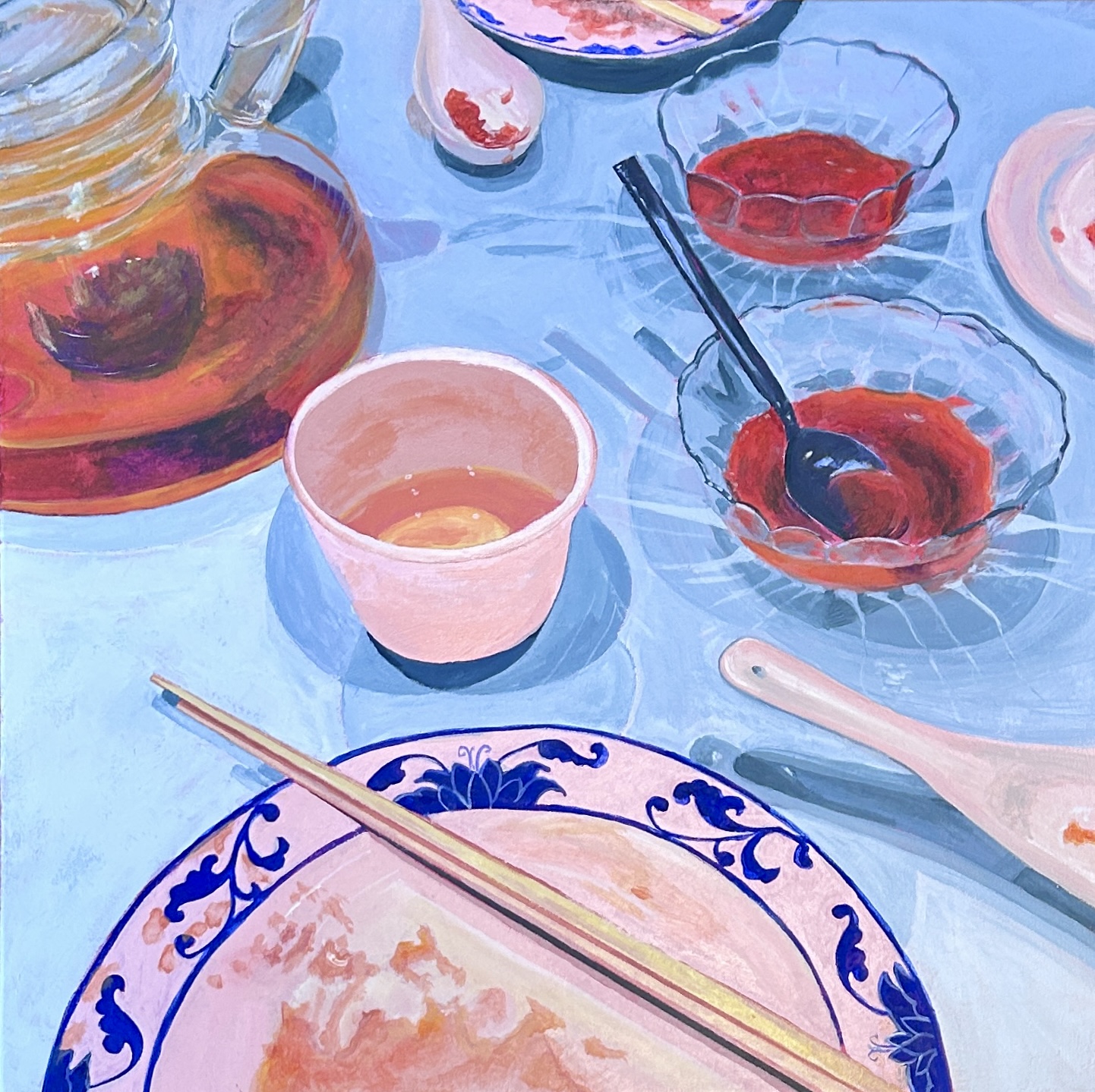 Dim Sum Memories is a painting of the empty plates and dishes remaining on our table after brunch.