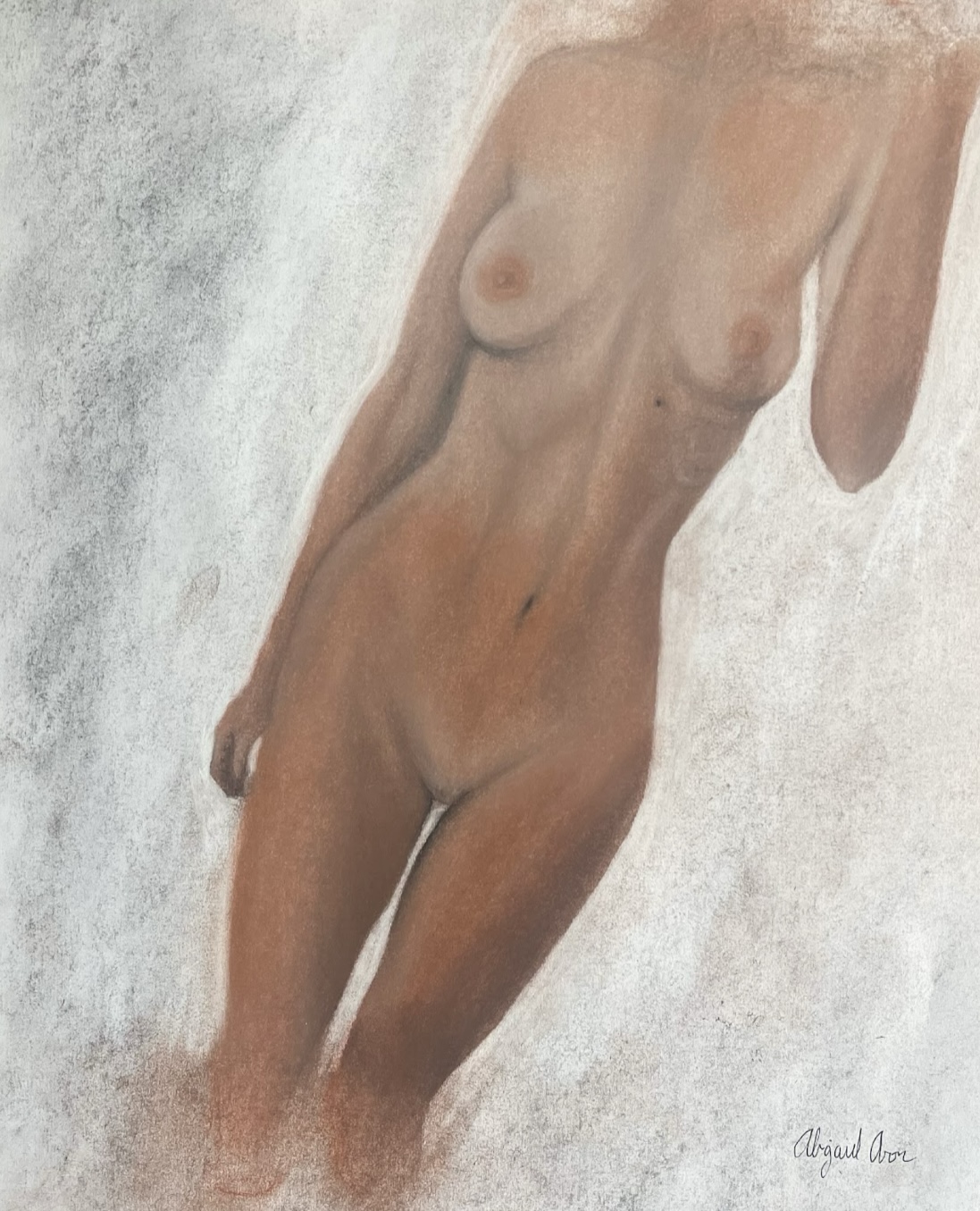 Cropped figure drawing of a woman’s body standing up and facing the viewer. The body is cropped below the knees and above the neck. The arm on the left is resting at her side, and the arm on the right is bend straight up.