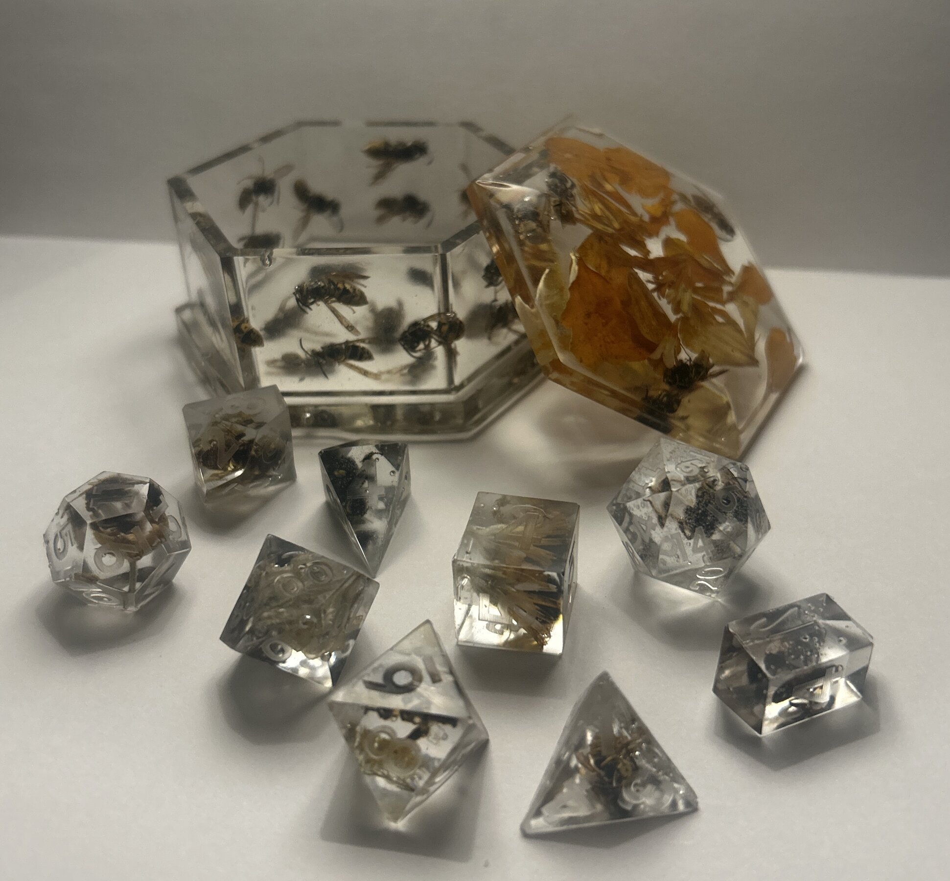 An open box, and set of dice, each carrying within a tiny wasp or bee.