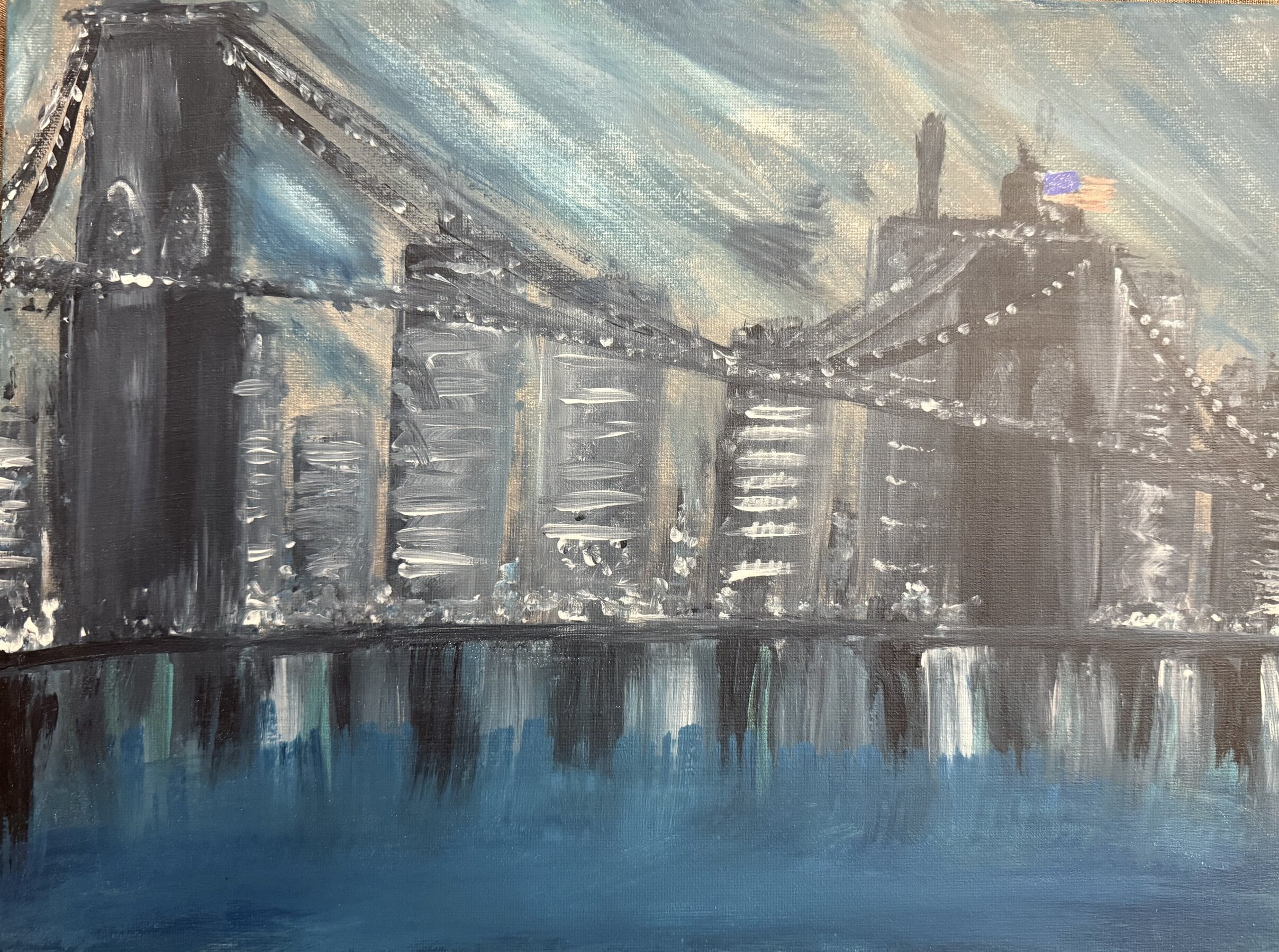 Brooklyn bridge with american flag 