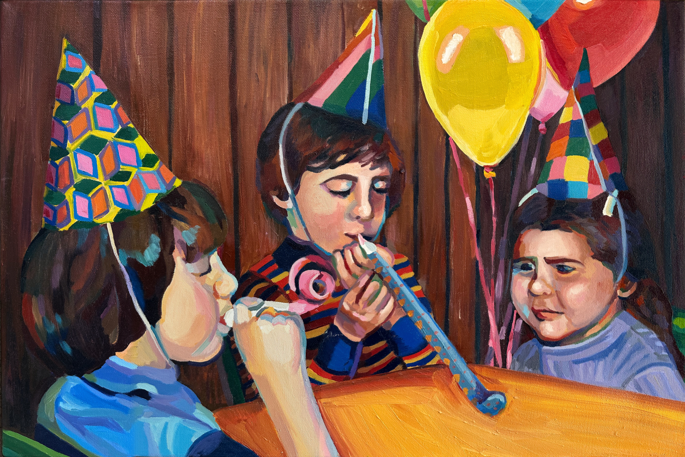 A colorful, brushy, chunky oil painting of three kids around a table at a birthday party. Balloons are in the background and they have party hats on. The boys are using noise makers and the girls is visibly annoyed. 