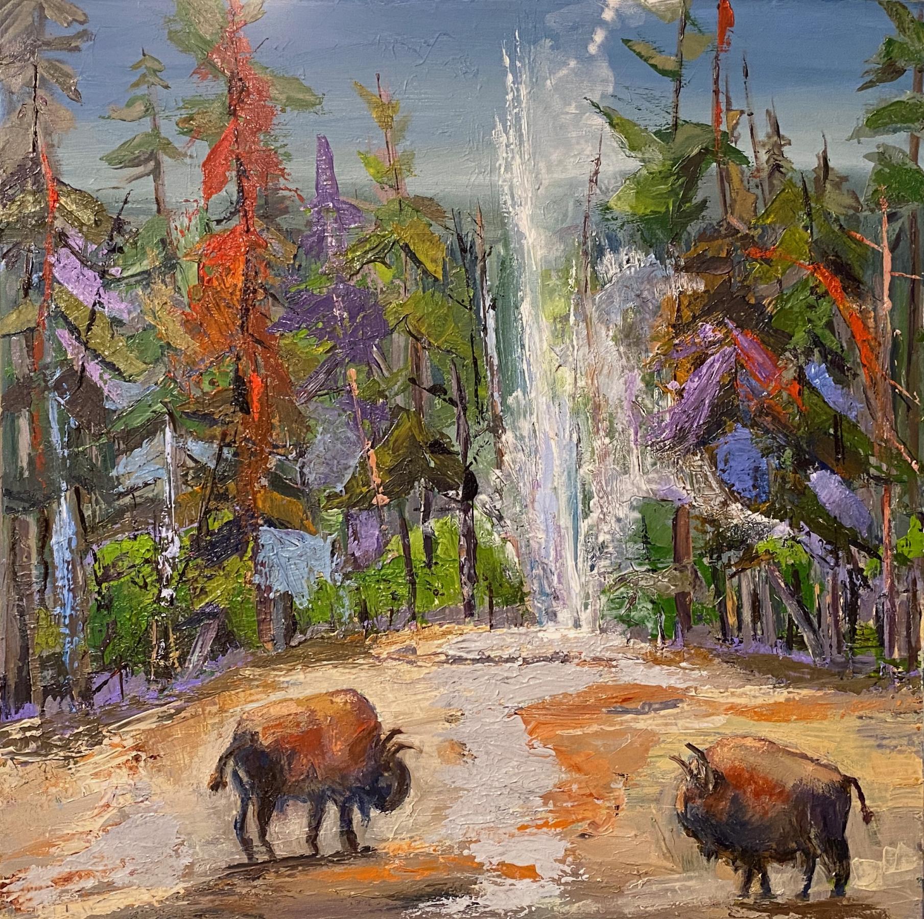 Impressionistic Painting of Old Faithful with Bison 