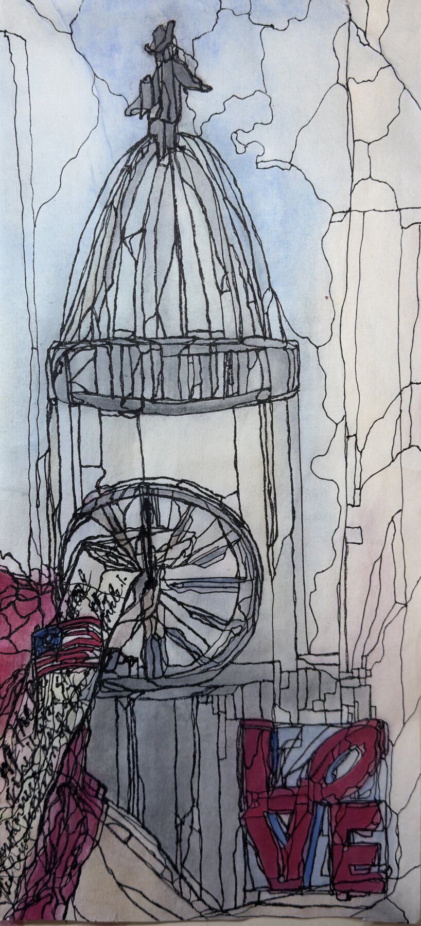 city scape with philadelphia love sign and william penn statue on top of city hall clock tower