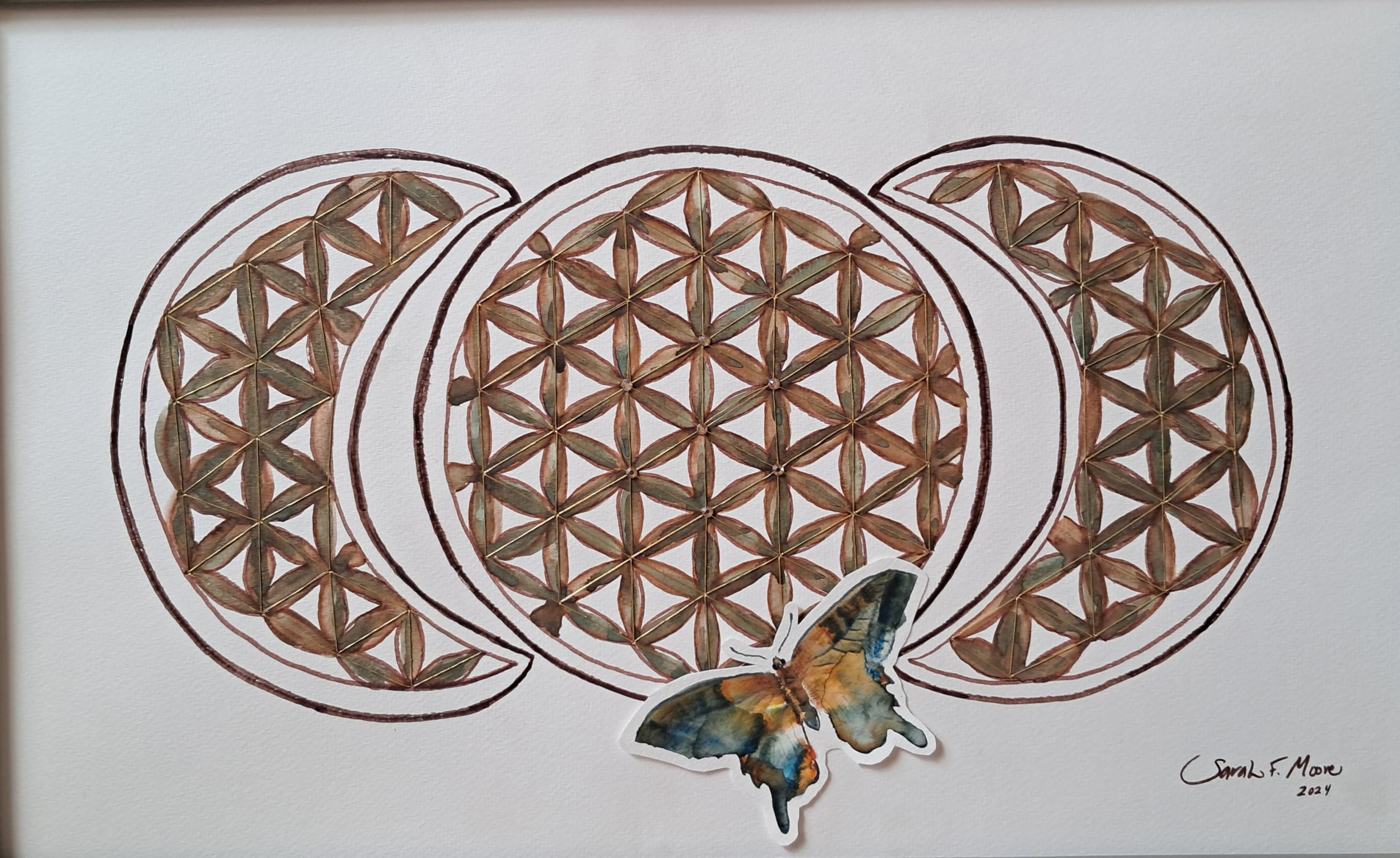 watercolor: Flower of Life with Butterfly, in rich golden browns and green