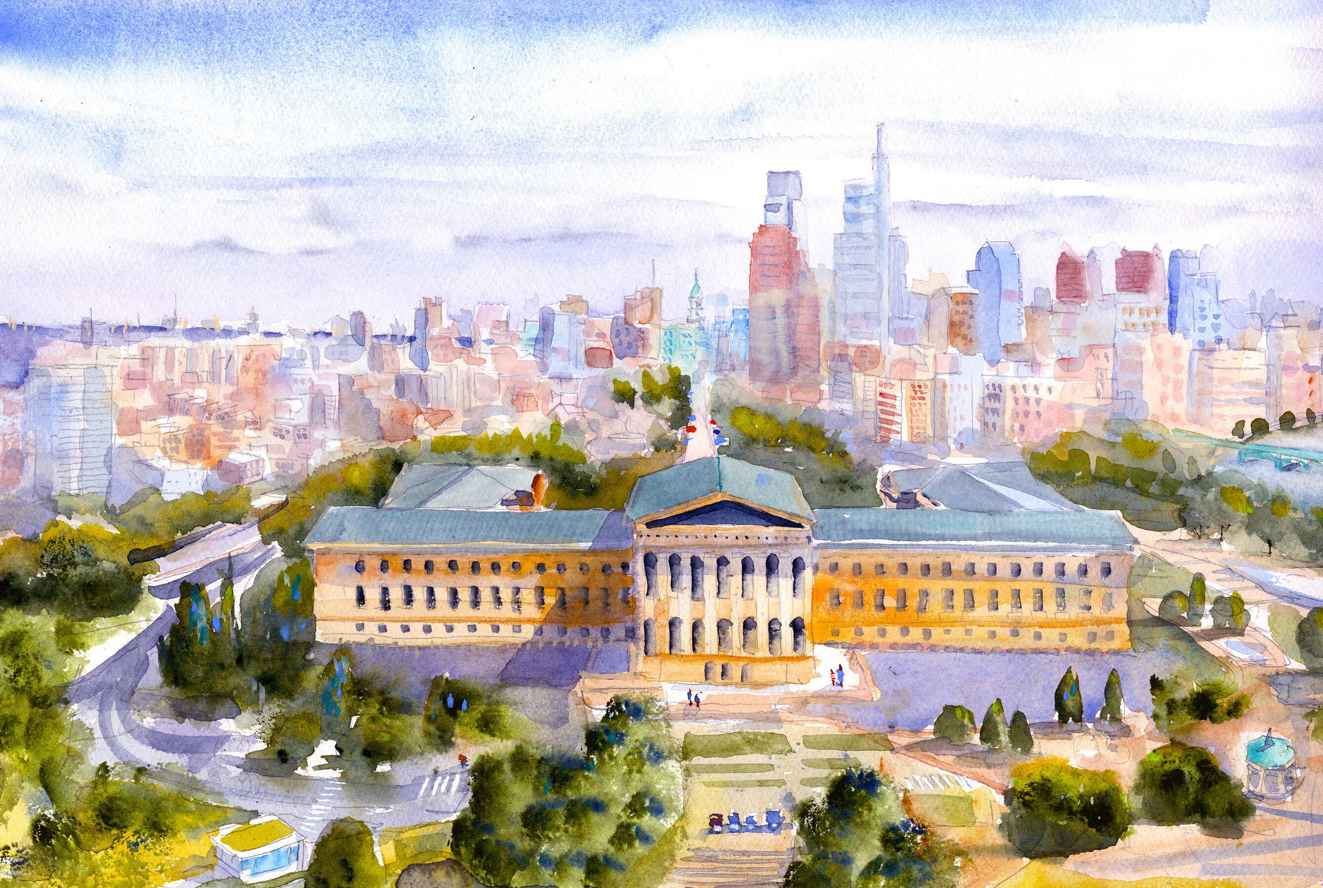 Philadelphia Art Museum and Skyline Watercolore