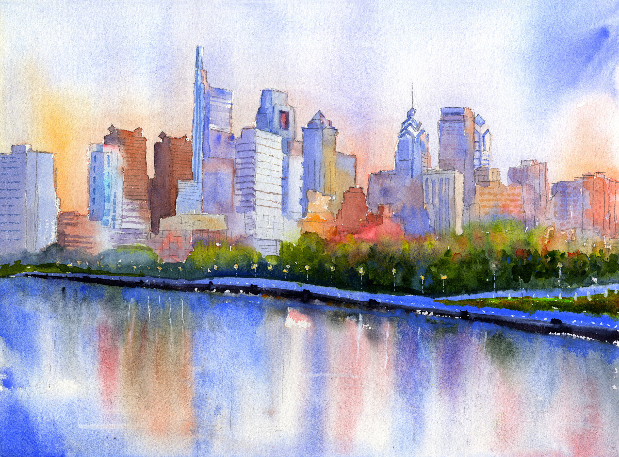 Philadelphia Skyline and Schuylkill River Trail Watercolor