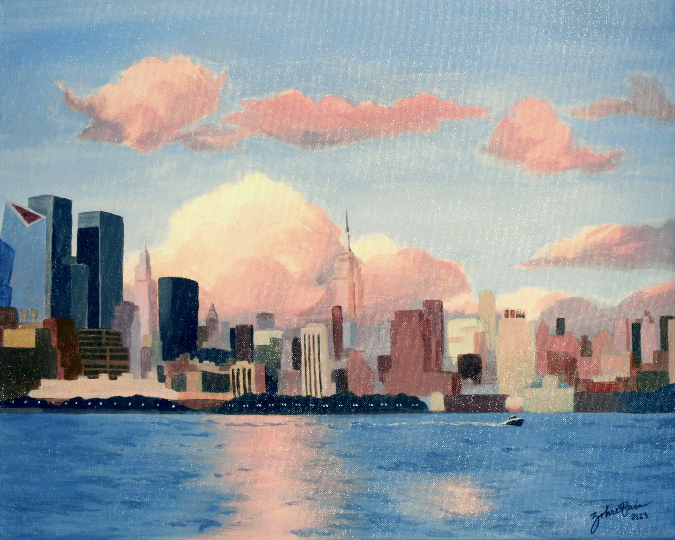 Painting by Zohre Bairieva of the New York City skyline as seen from Hoboken, New Jersey