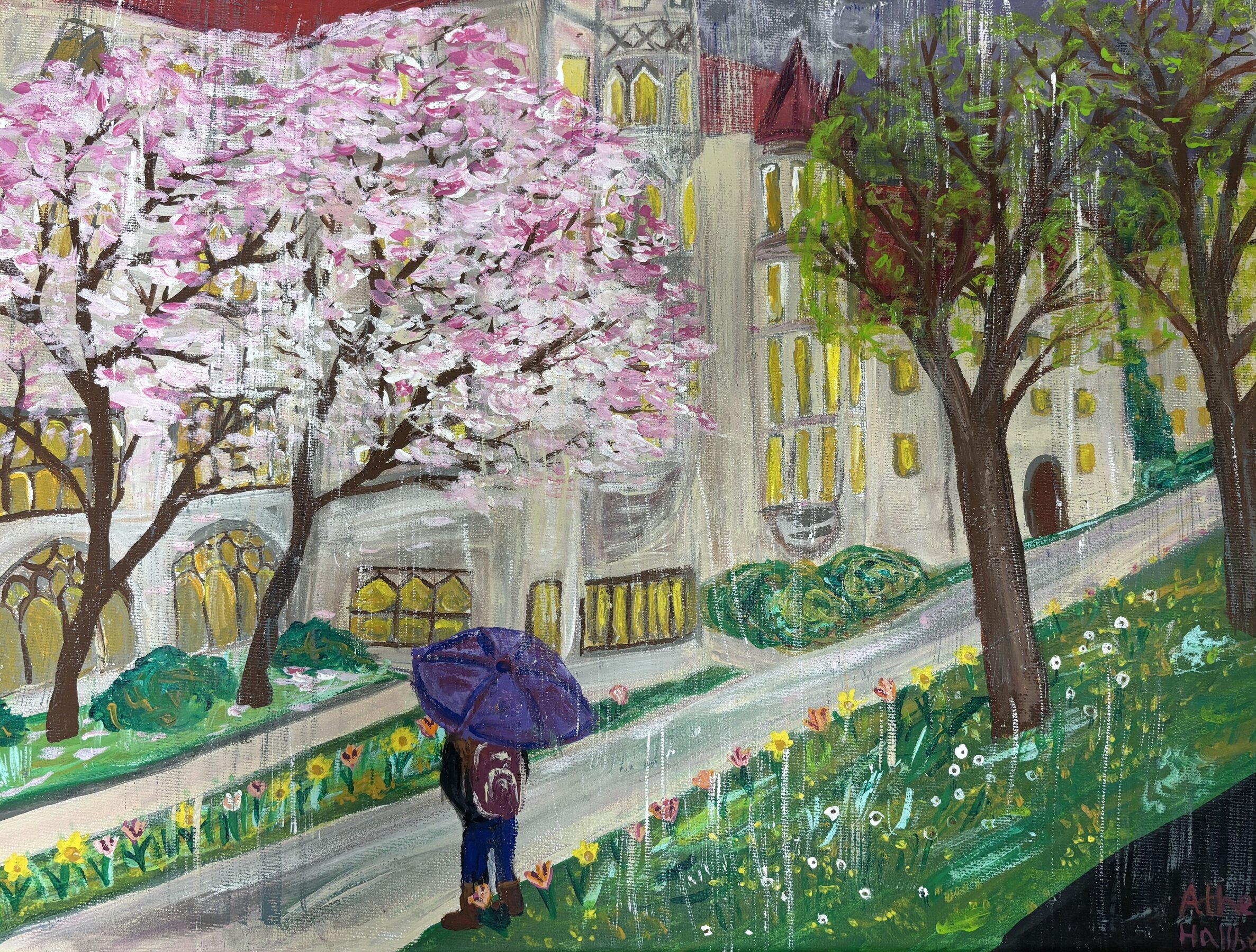 Acrylic Painting a Girl walking outside Harper Library in the rain stops to looks at a tree with pink flowers
