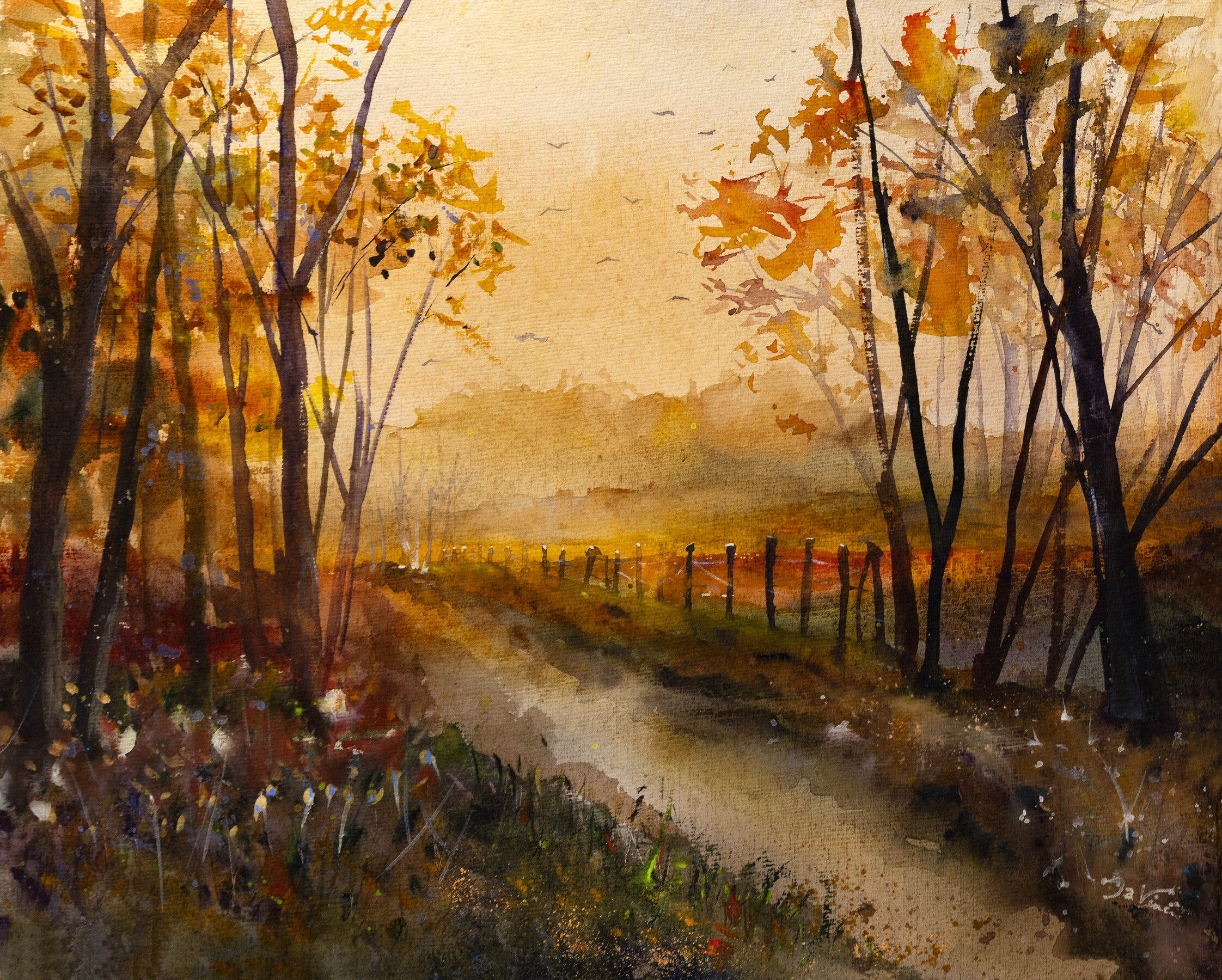Fall trees an Autumn Watercolor walking through the woods in late fall