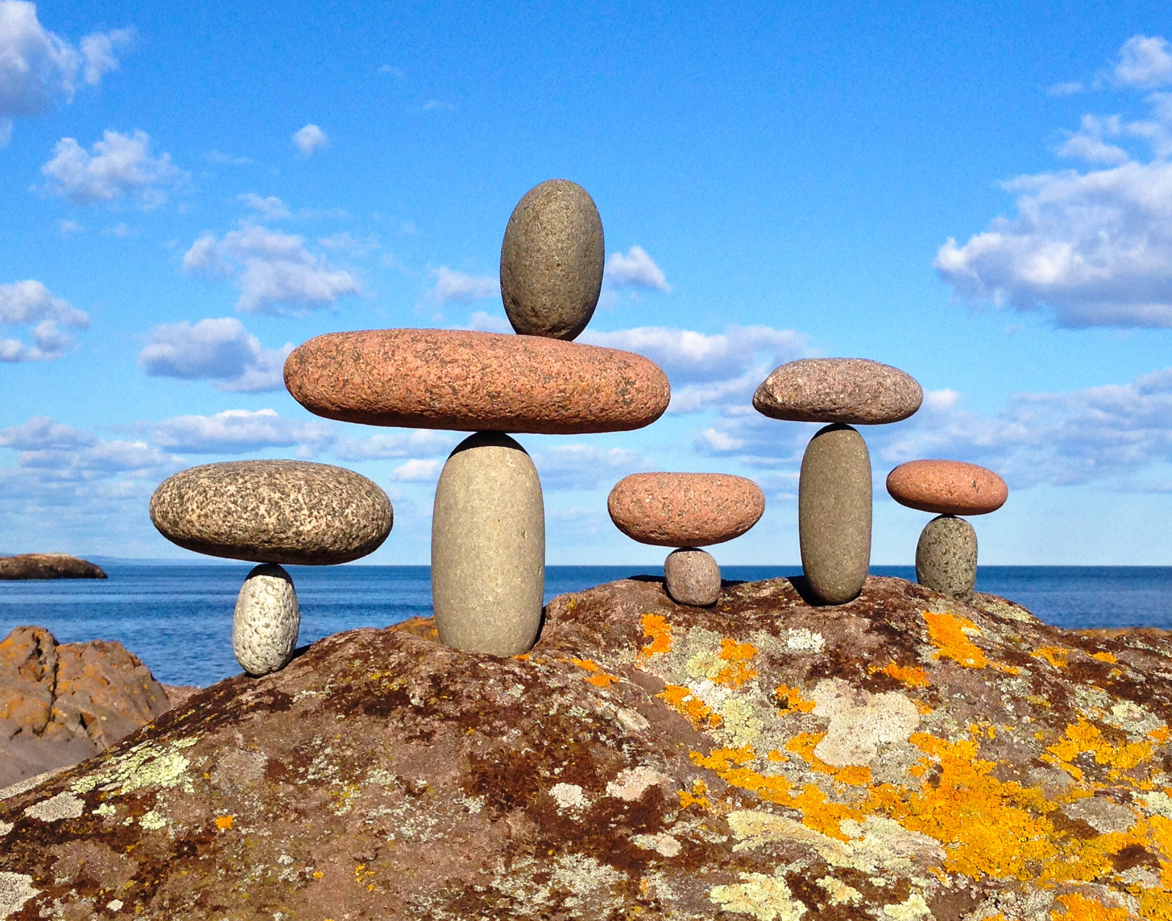 A family of five balanced rock sculptures
