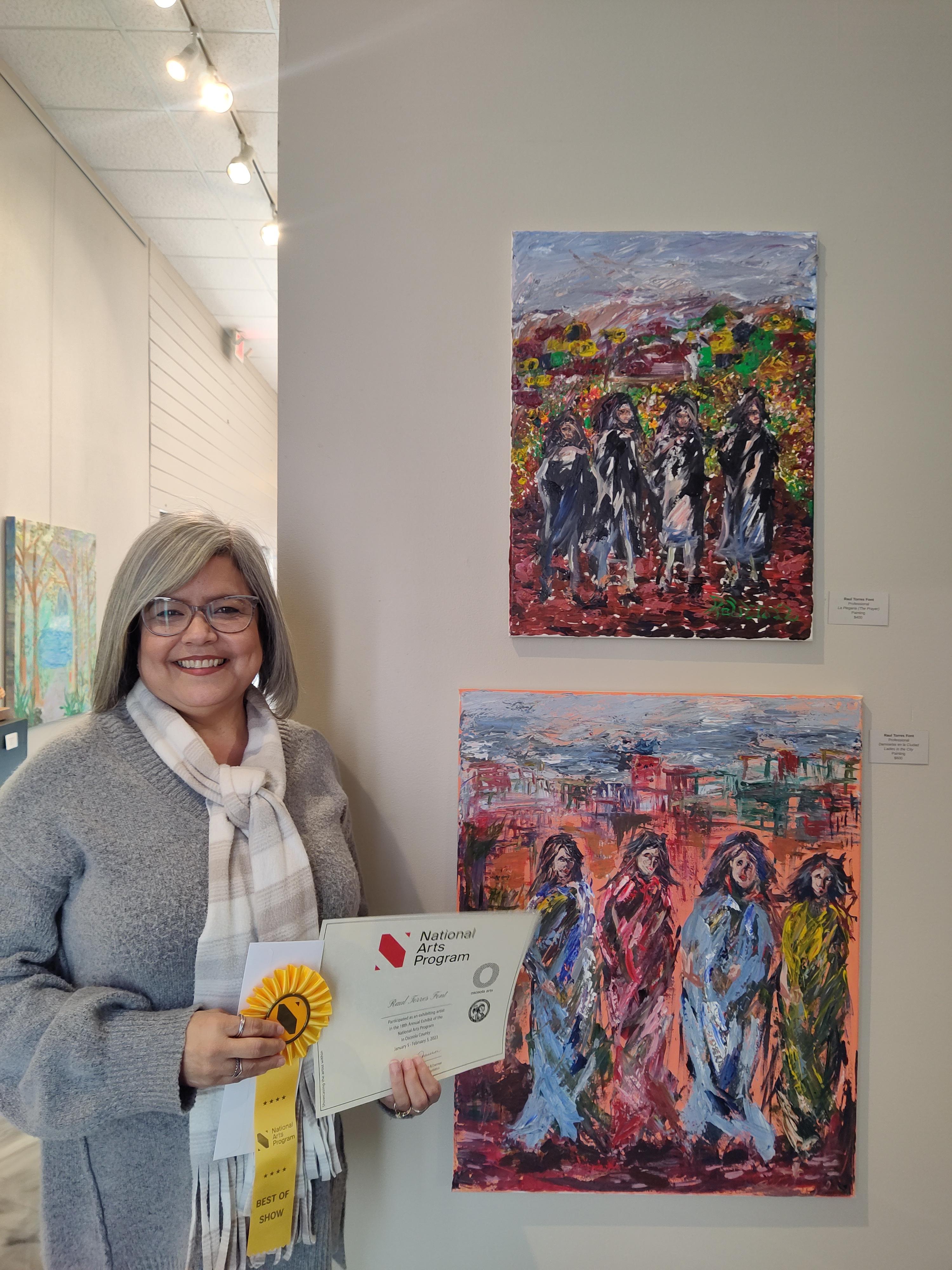 colorful expressive painting of women standing in a landscape