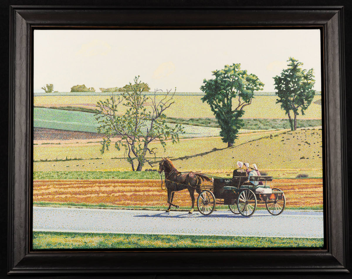 painting of a horse and buggy traveling through the countryside