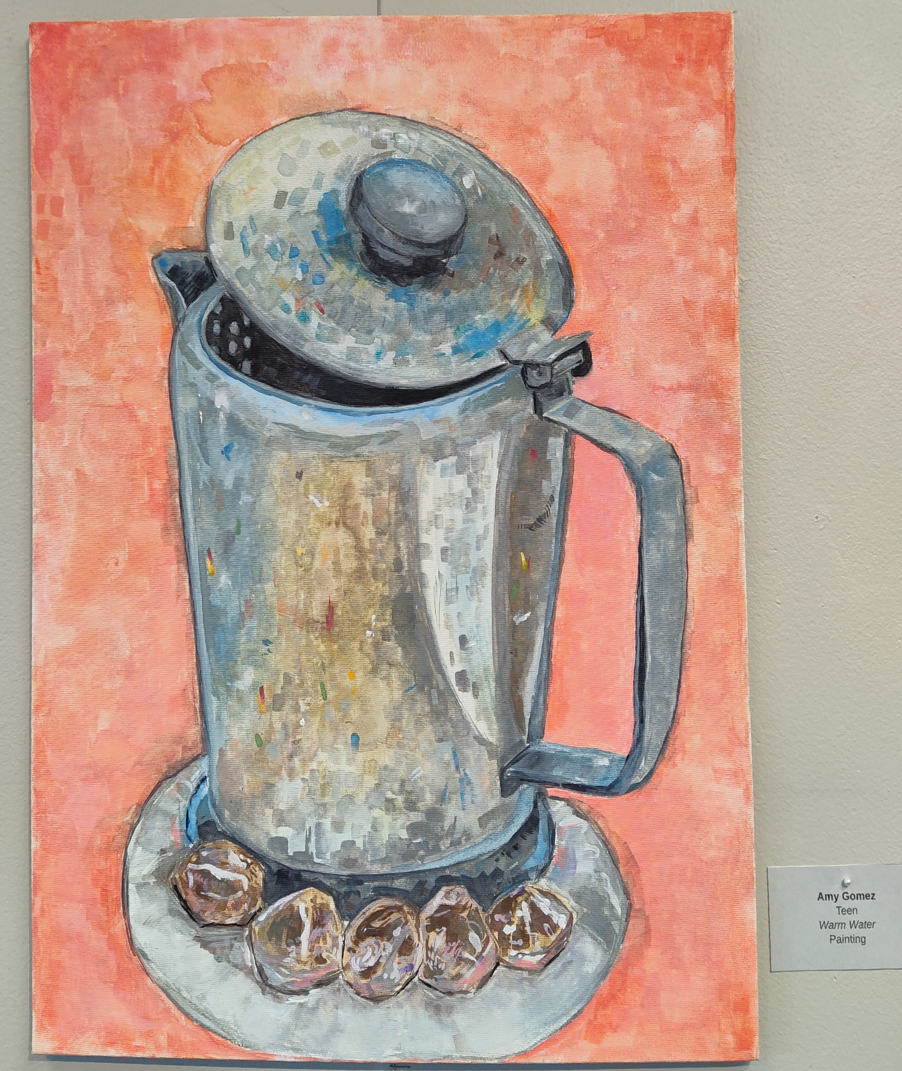 painting of a sliver kettle on an orange and backdrop